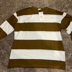 Zara white and a khaki-brown stripped long sleeve shirt